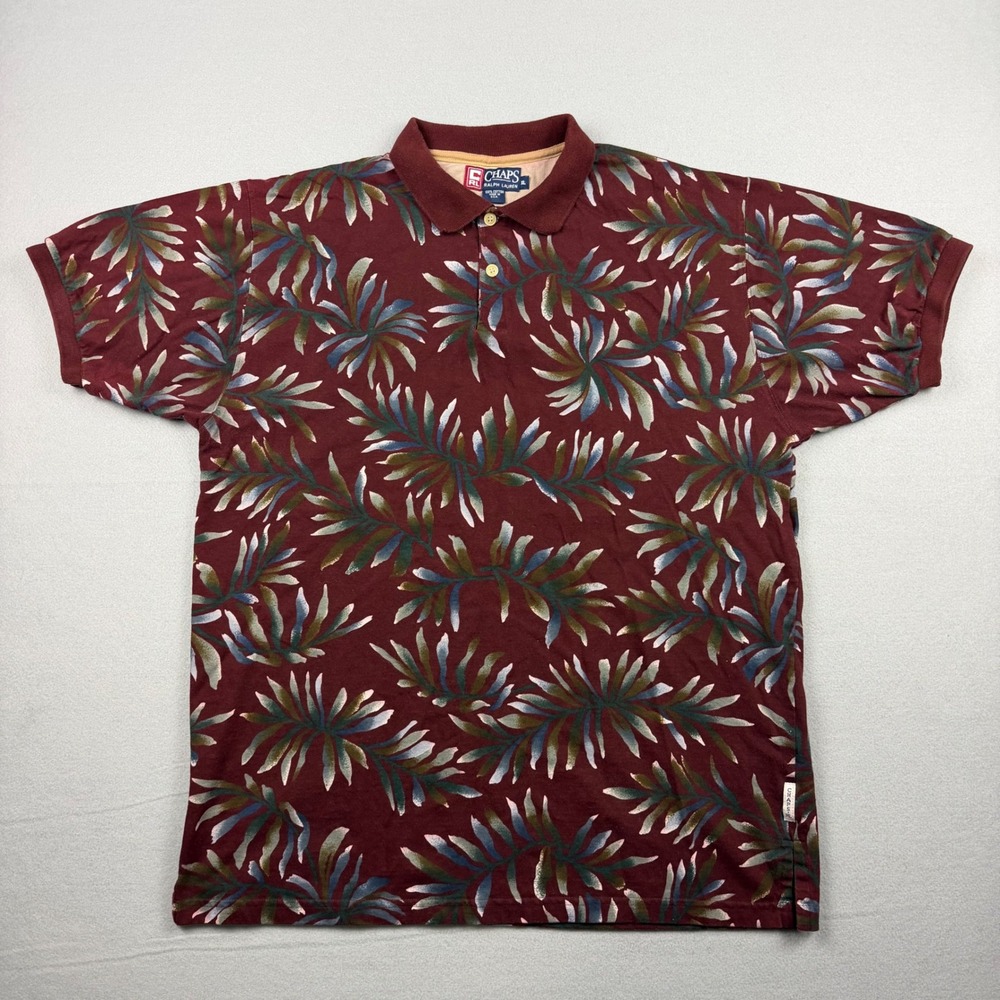 Vintage 90s Chaps Ralph Lauren Men XL Maroon Palm Leaf Print Polo Shirt USA Made